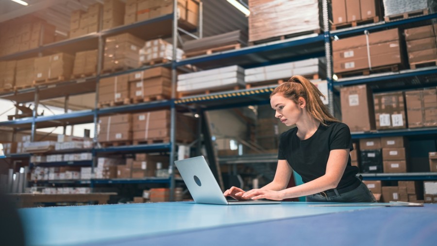 Self Storage Manager Working On Laptop In Wearhouse